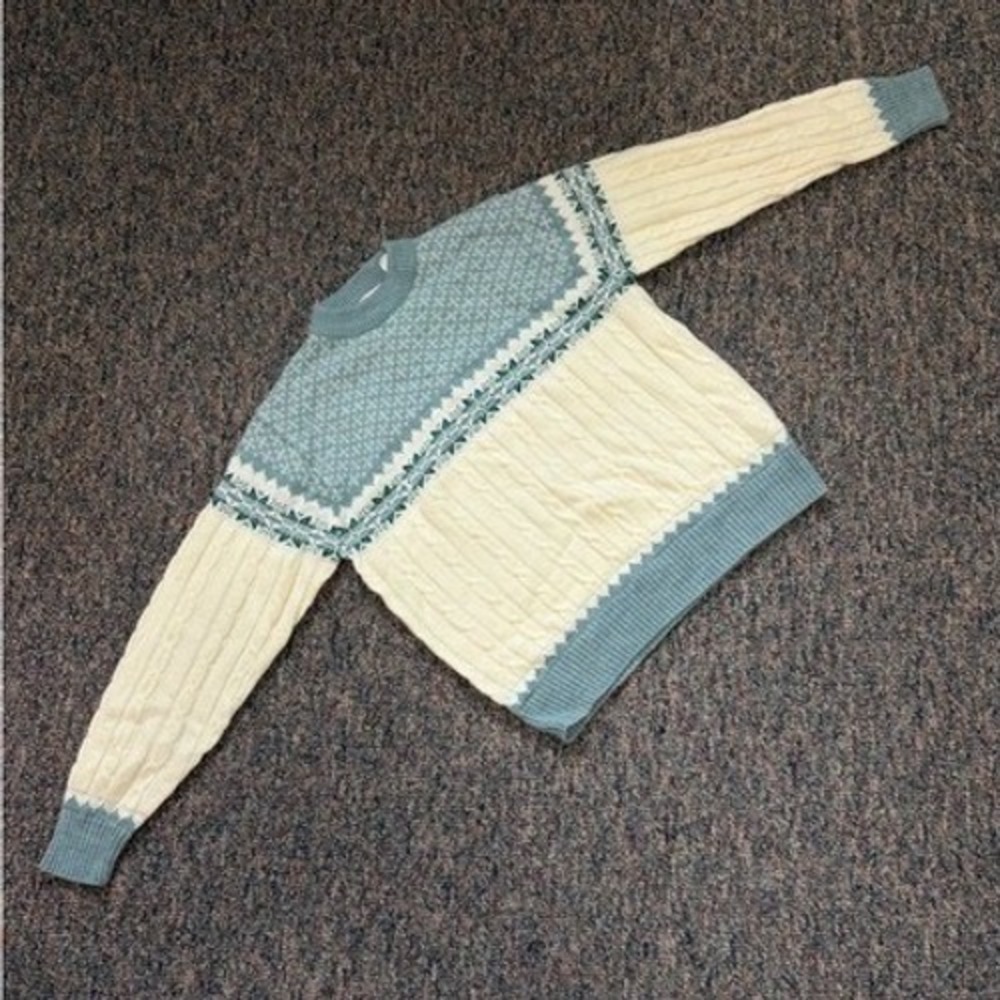 Vintage 90s Brand Sportswear Men's XL Fair Isle Knit Sweater Blue Cream